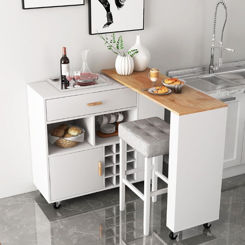 White rolling kitchen cart with a wood countertop, storage shelves, wine rack, and a stool.