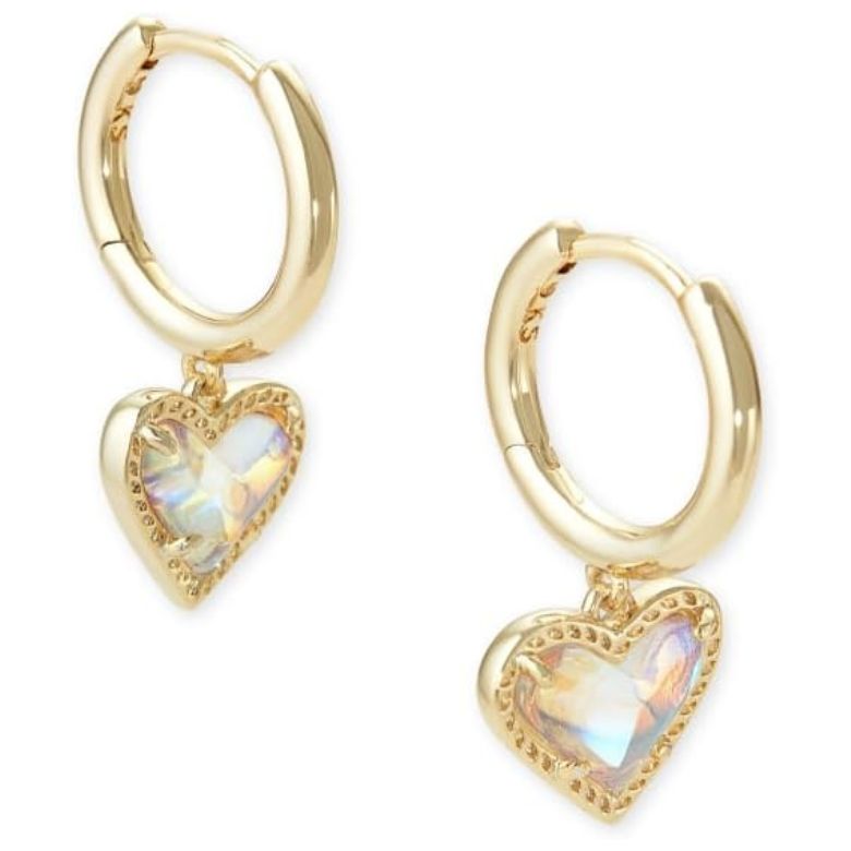 Gold hoop earrings with iridescent heart-shaped crystal pendants.