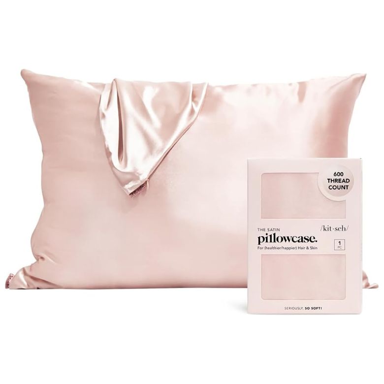 Pink satin pillowcase with matching packaging showing a 600-thread-count label.