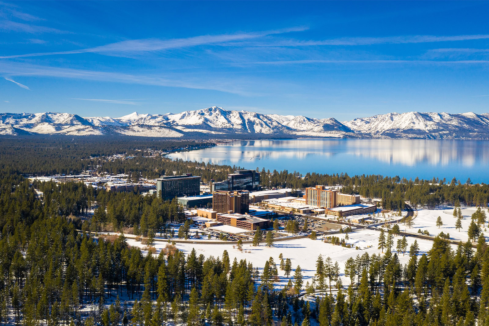 lake tahoe aerial view over lake and casinos