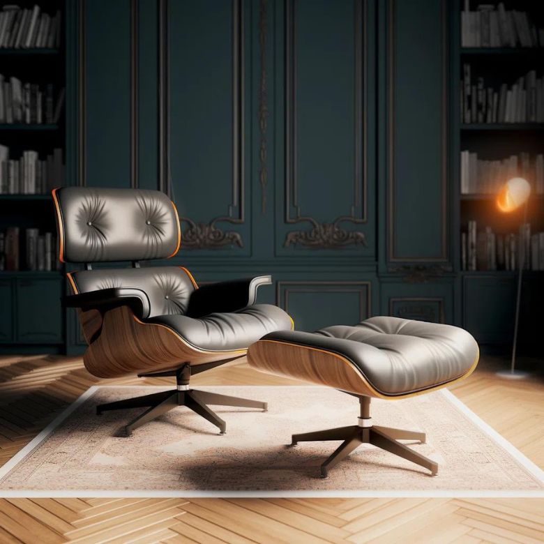 Black leather lounge chair with matching ottoman set on a rug in a dark, elegant library room.