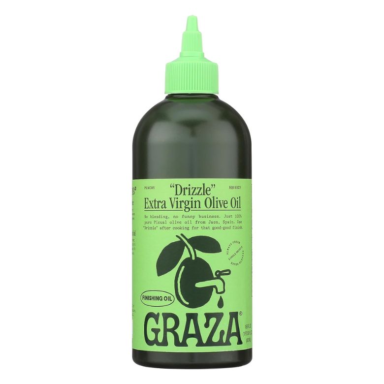 Graza “Drizzle” extra virgin olive oil in a green squeeze bottle.