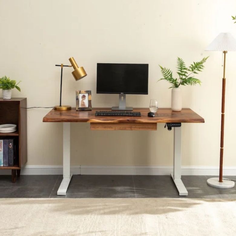 Minimal home office setup with a wooden desk, monitor, gold lamp, and plant decor.