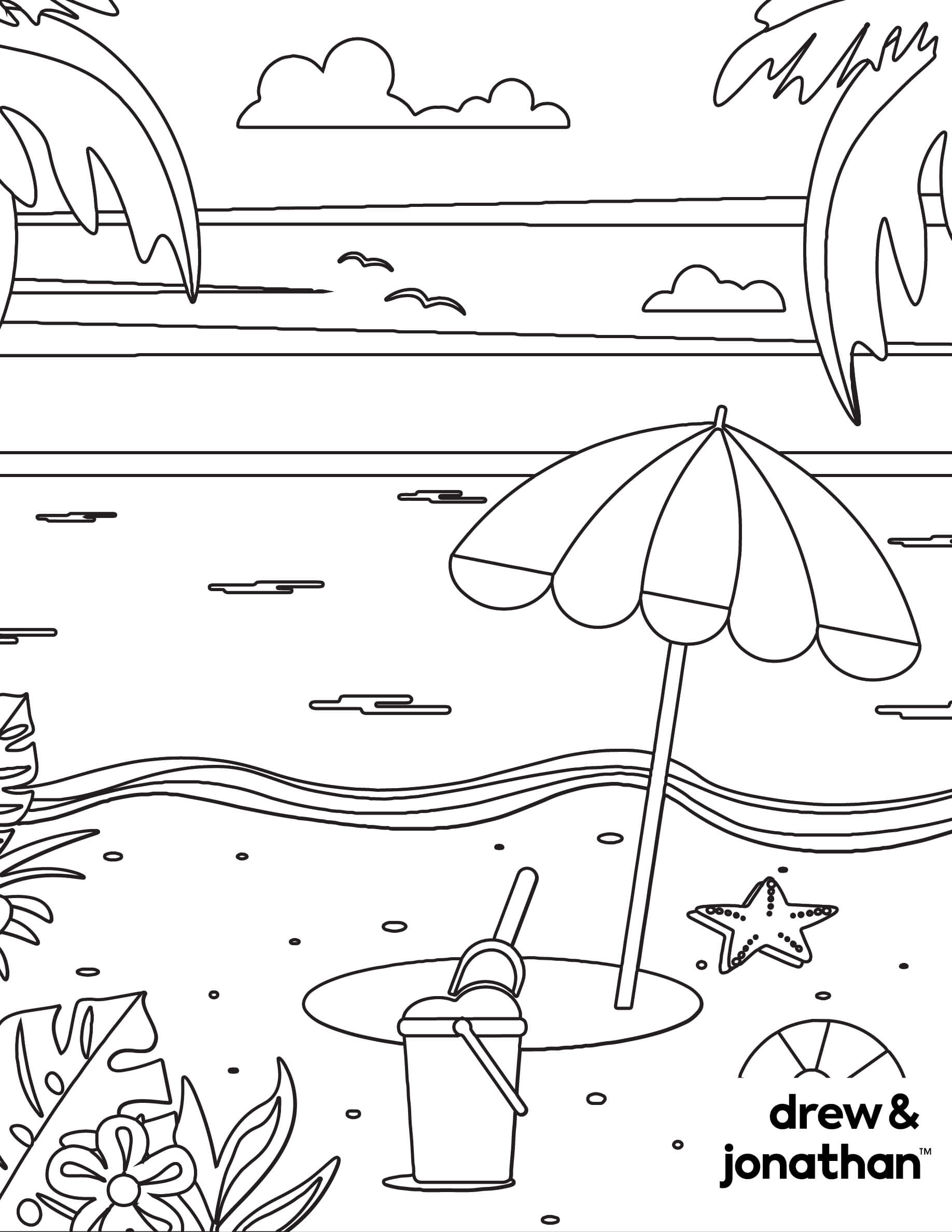 Beach scene coloring page with an umbrella, bucket, starfish, ocean waves, clouds, and tropical plants.