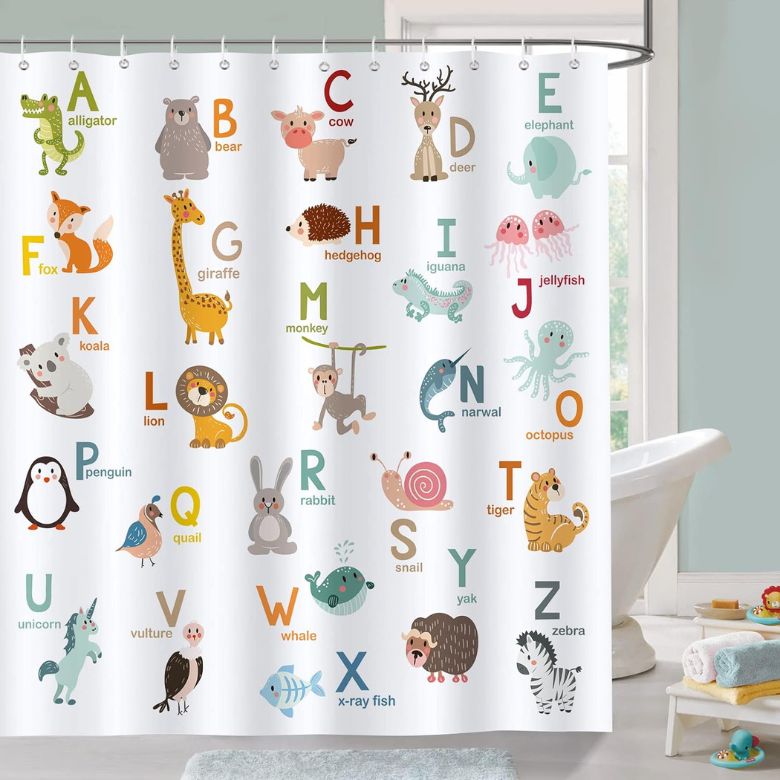 Kids’ shower curtain featuring illustrated animals for each letter of the alphabet.