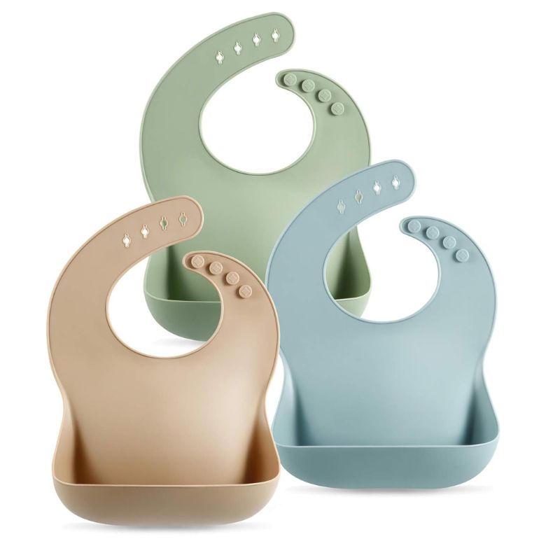 Pastel silicone baby bibs with adjustable necks and deep catch pockets.