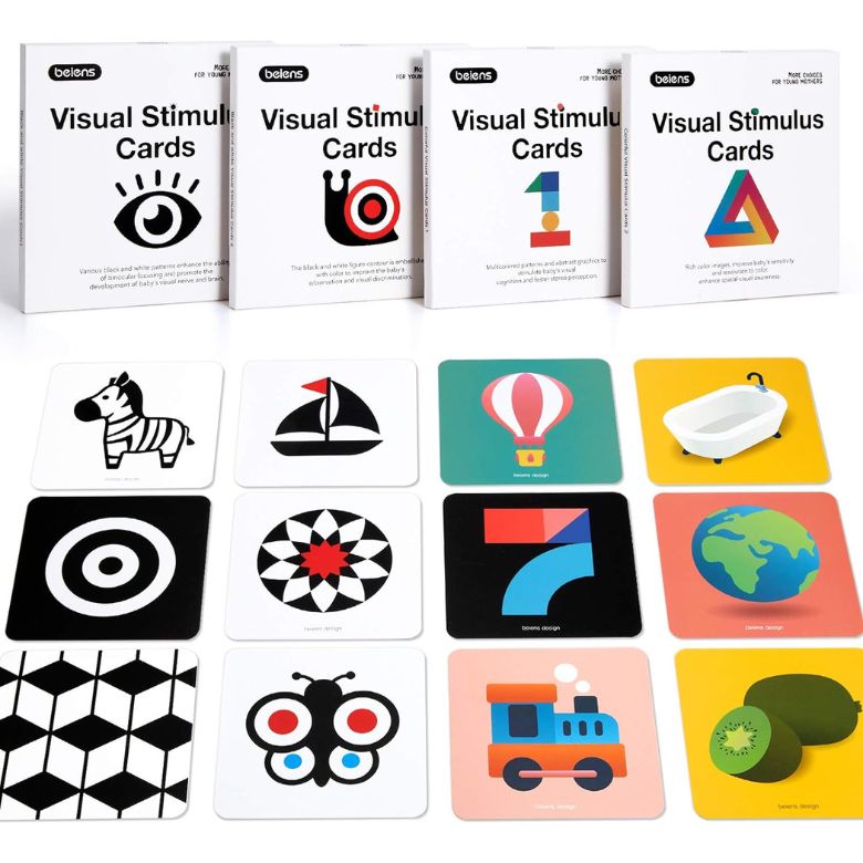 Colorful visual stimulus cards for babies featuring simple shapes, animals, numbers, and objects arranged in a grid.
