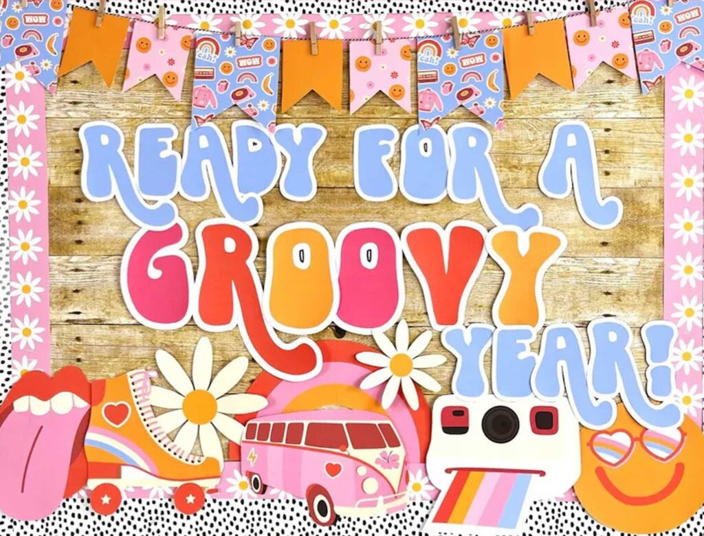 back to school bulletin board groovy 80s theme