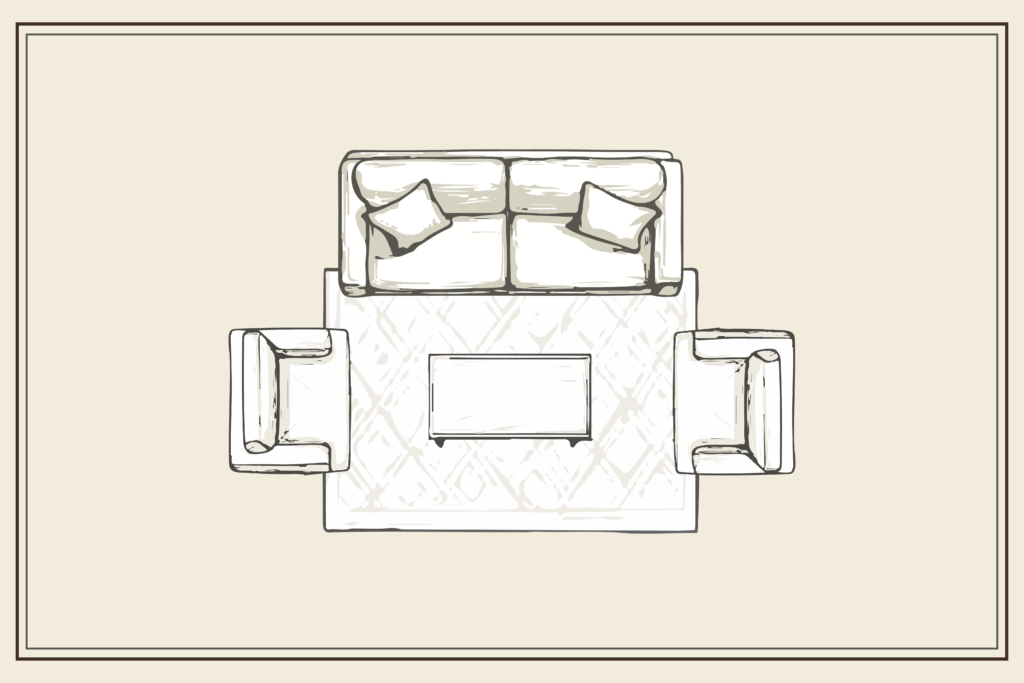living room drawing with area rug and sofas
