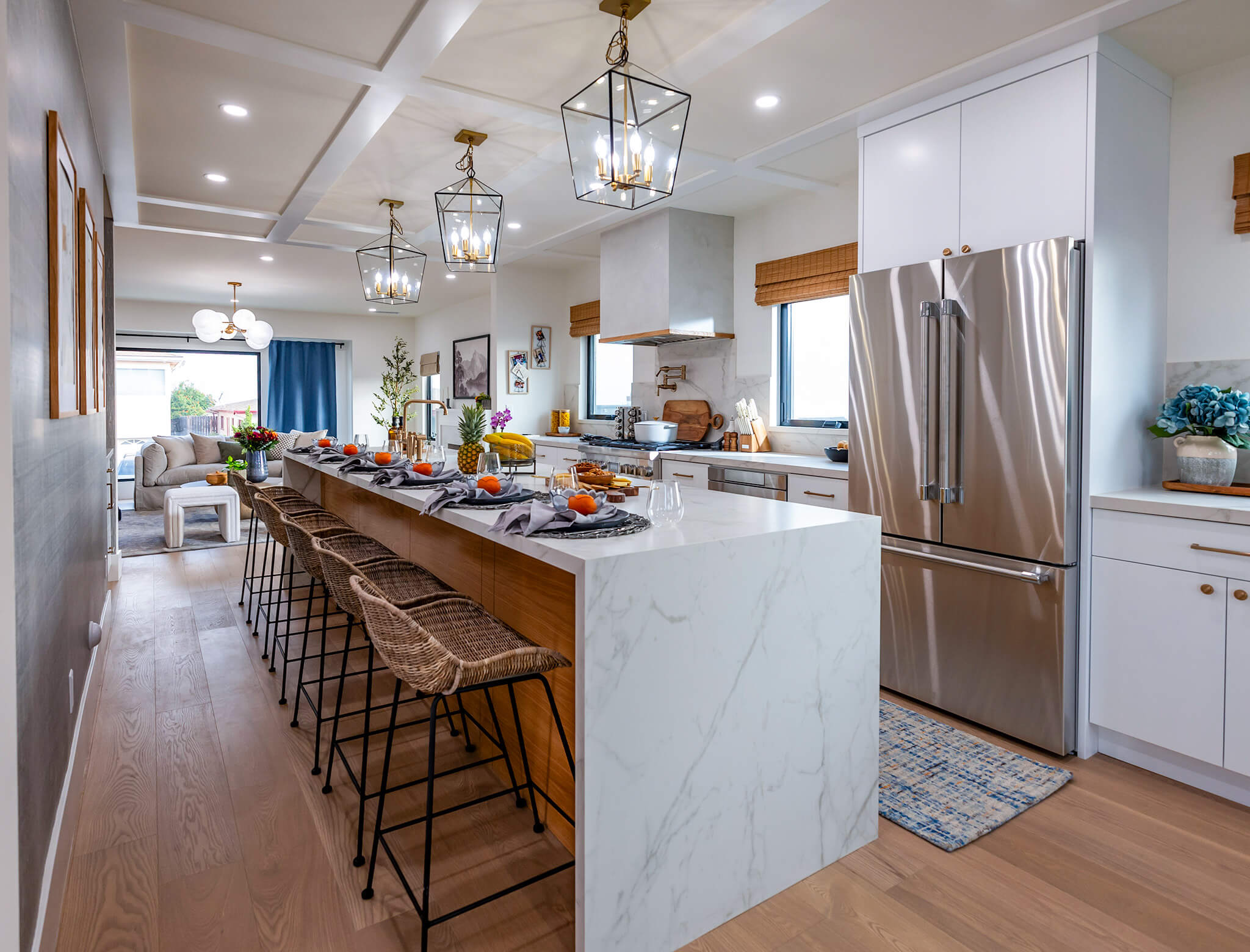 beautiful modern kitchen island with leather bar stools