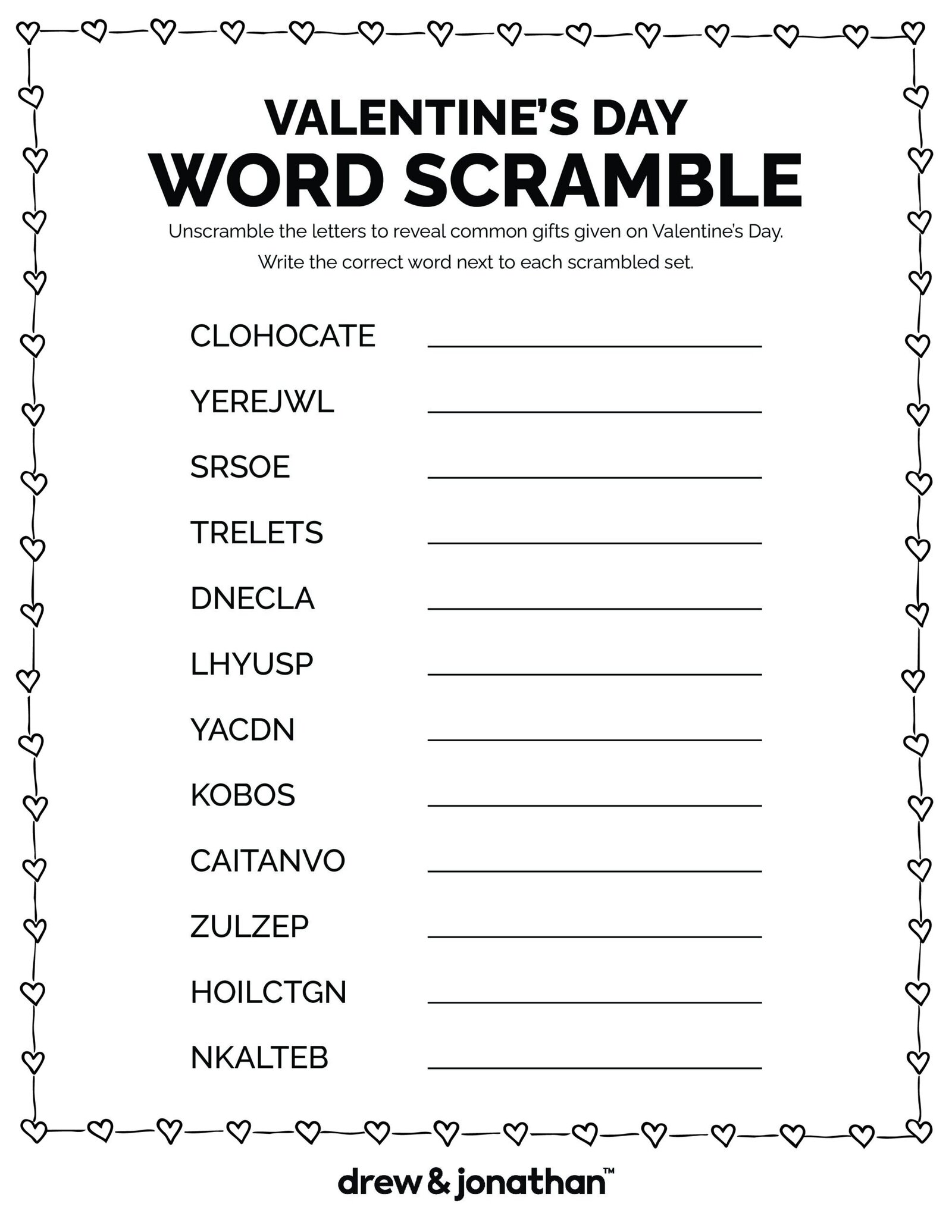 free valentine's day word scramble