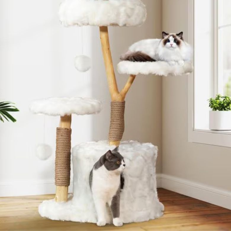 3-tiered fuzzy white cat tree