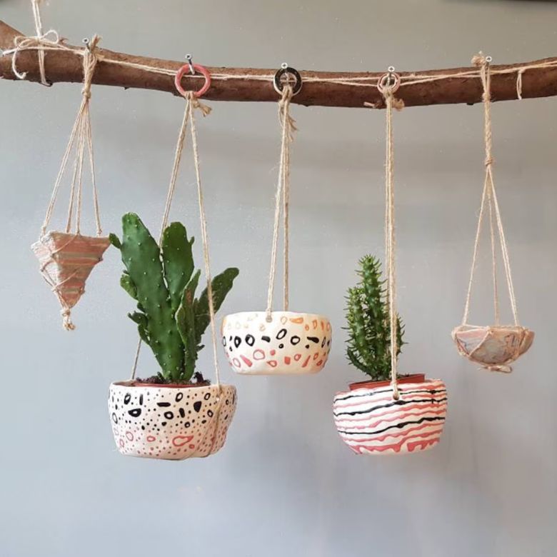 dotted and striped hanging planter pots