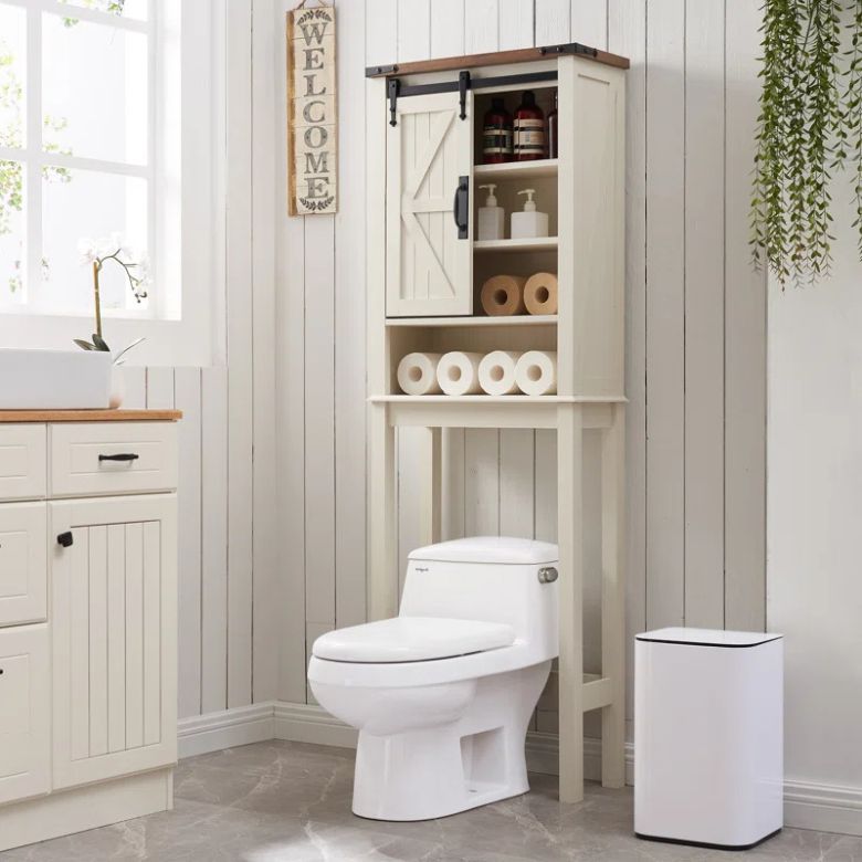 over-the-toilet shelves with sliding barn door cabinet