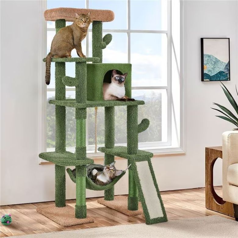 green multi-level plush cat tree
