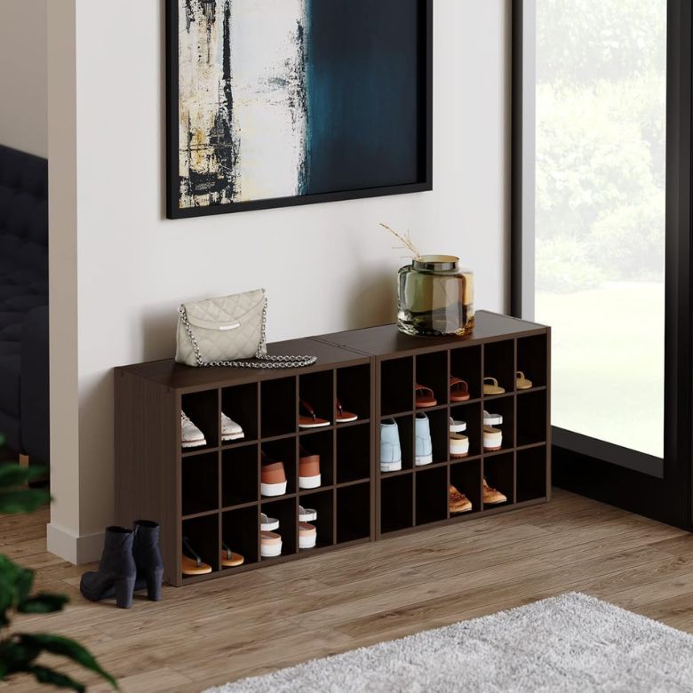 dark wooden shoe storage bench