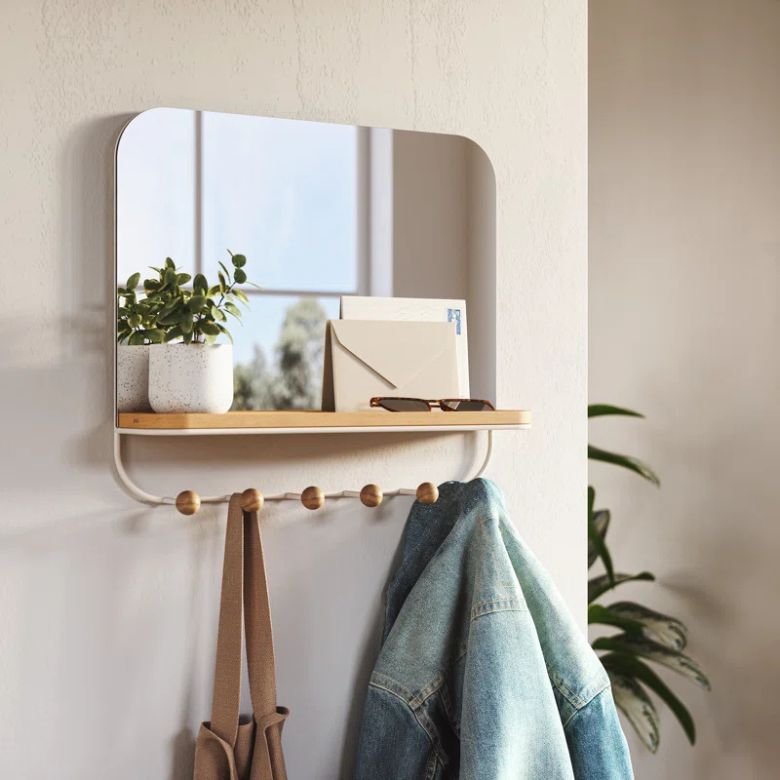 wall mounted shelf with hooks and mirror