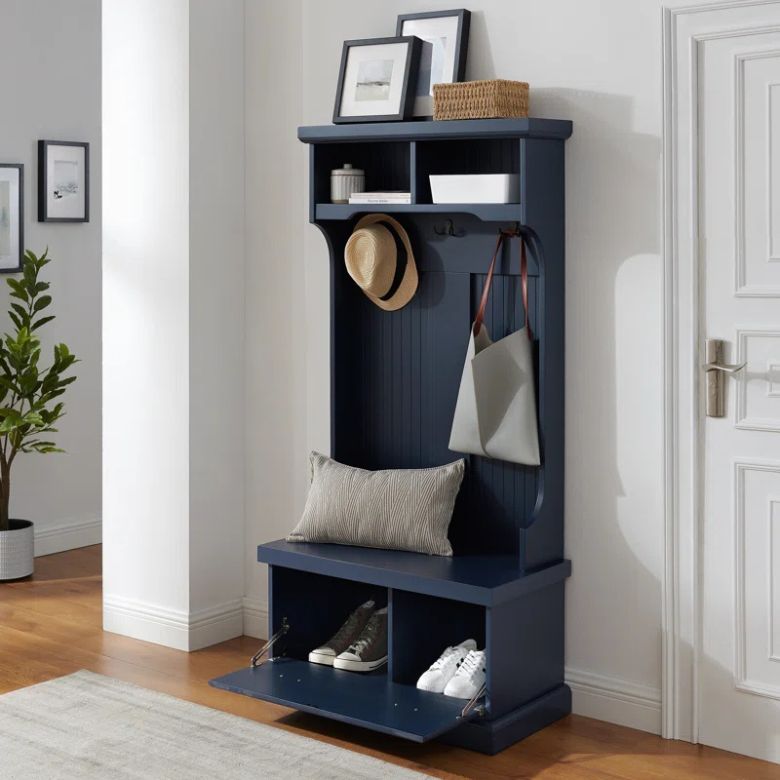 blue storage bench and rack