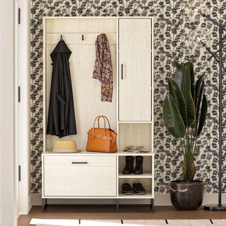 contemporary coat rack with cubby and shoe storage