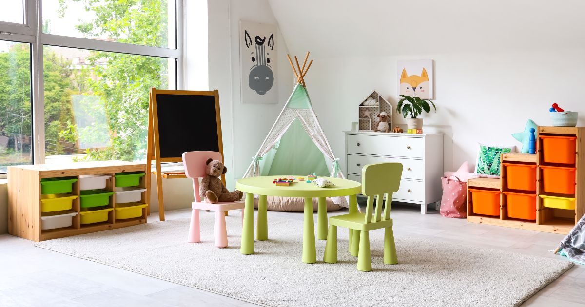 best playroom storage ideas with cute play set in room