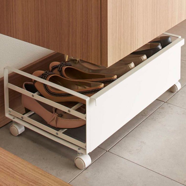 white rolling shoe storage rack