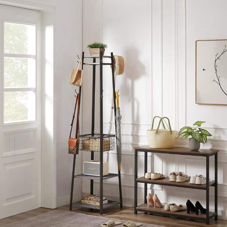 industrial coat rack with storage shelves