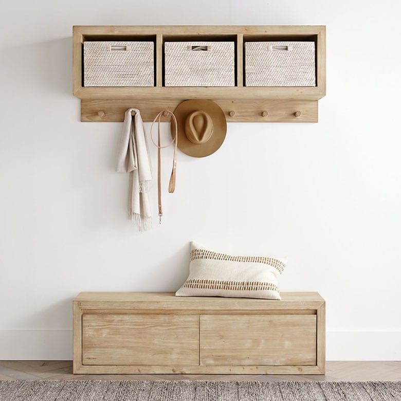 pottery barn folsom bench and wall-mounted shelf for entryway