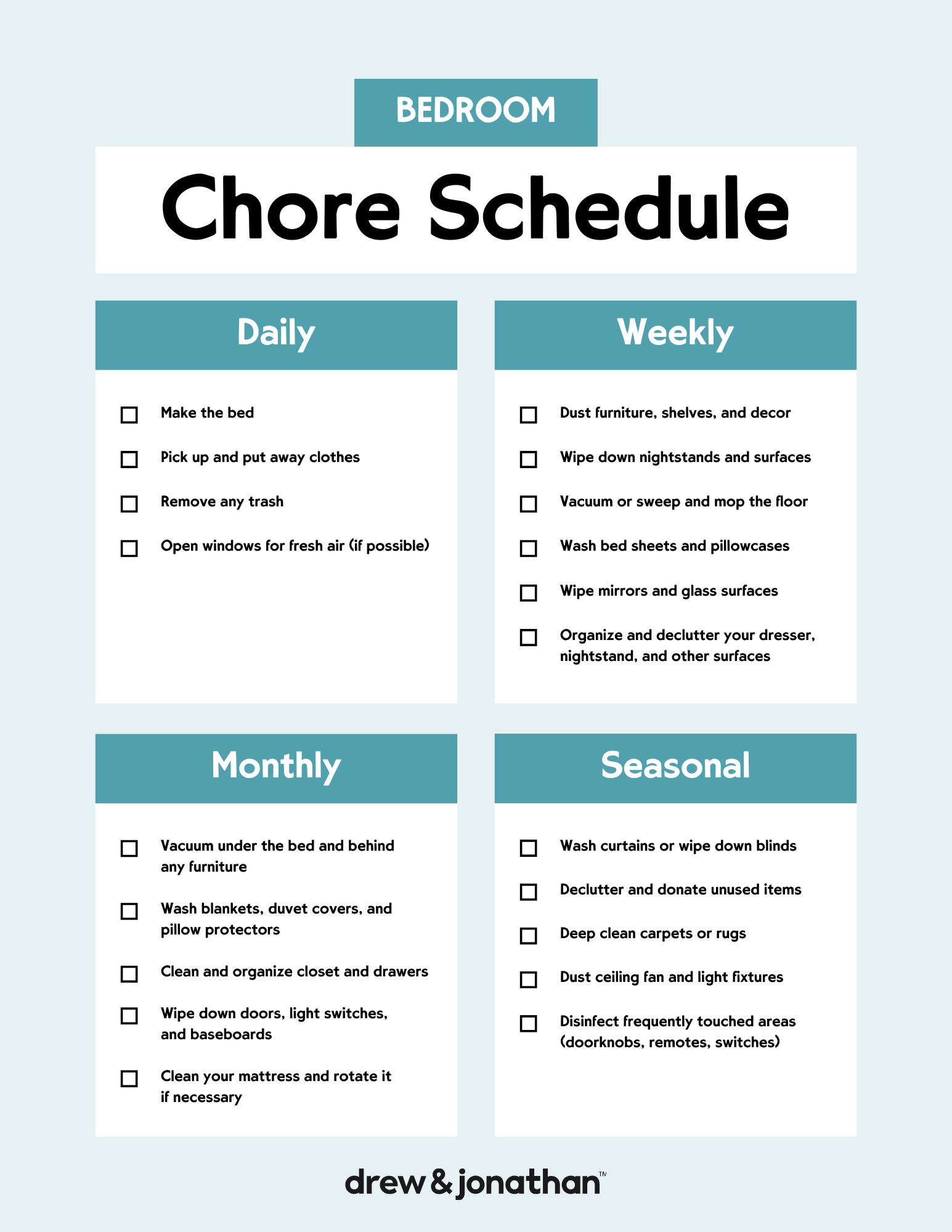 bedroom printable chore chart