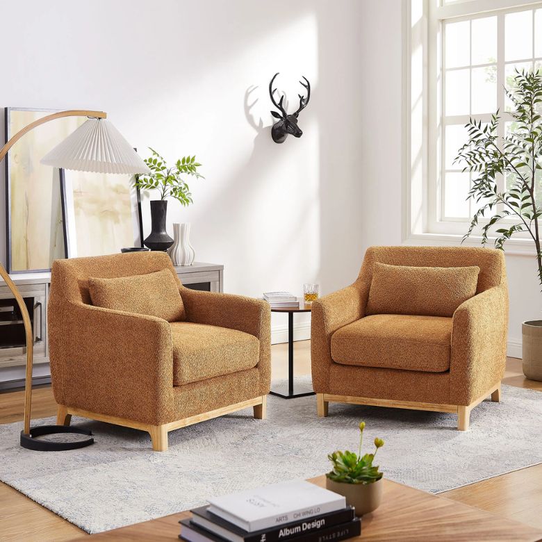 camel-colored boucle armchair set of 2