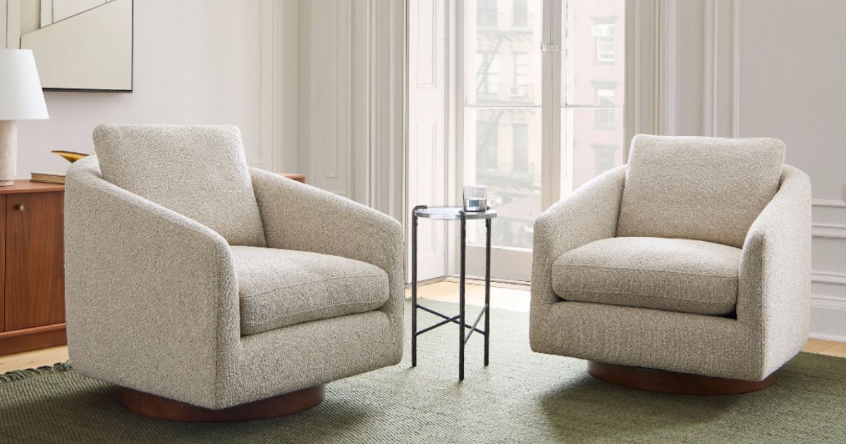 beautiful boucle accent chairs in a modern living room