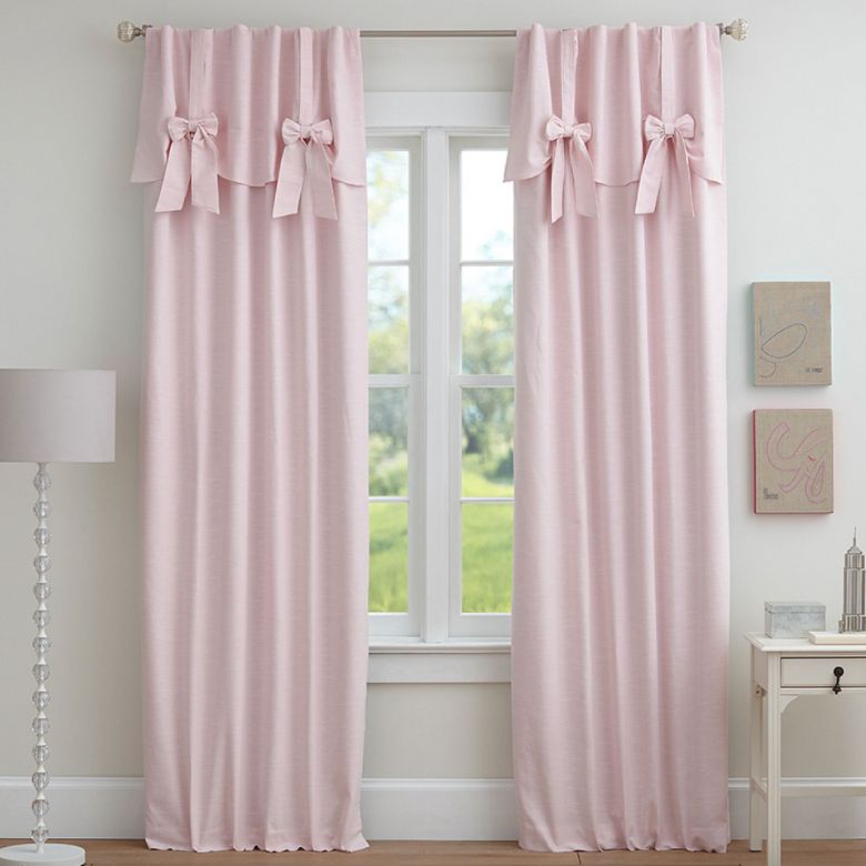 pink linen-blend valence curtains with bows