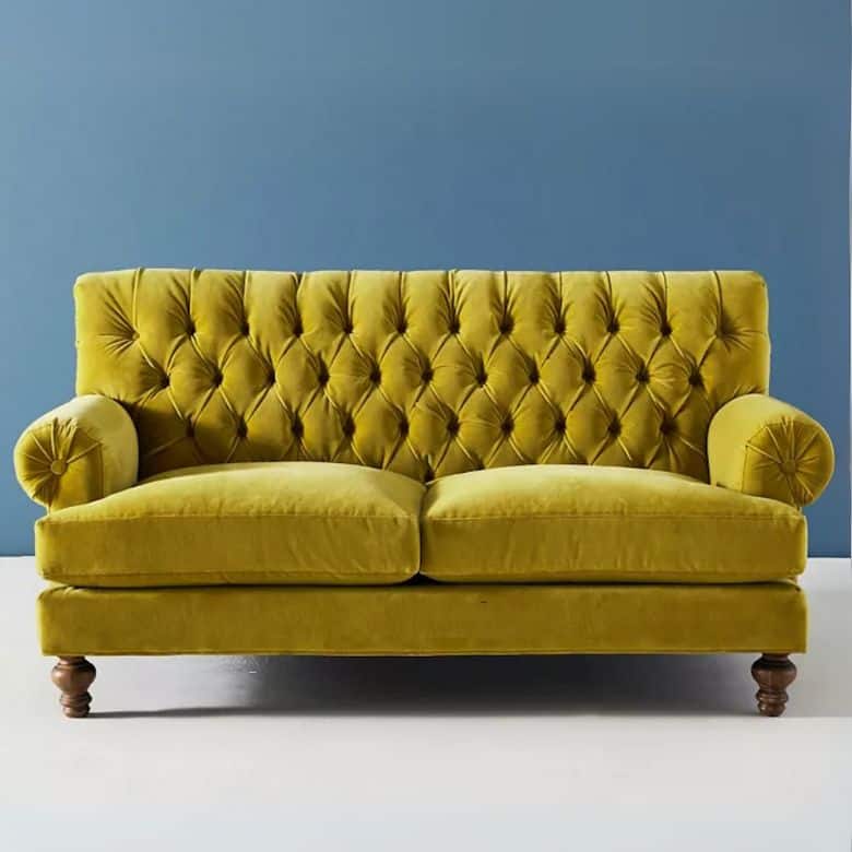 mustard sofa with diamond pleating