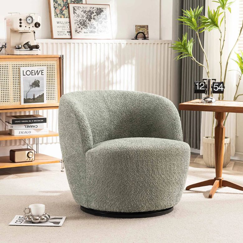 sage green boucle swivel barrel chair