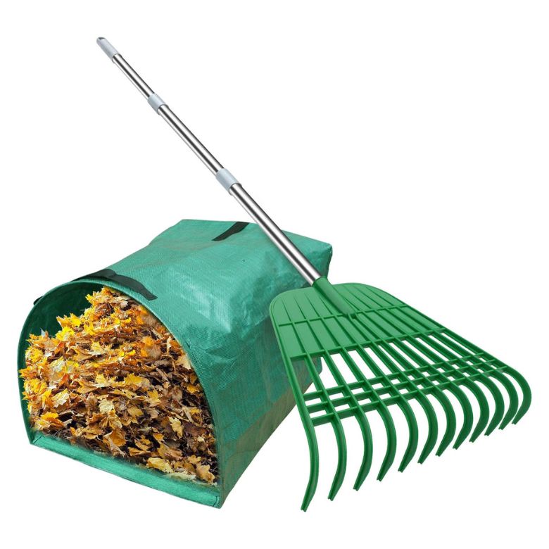 green rake with leaf bag