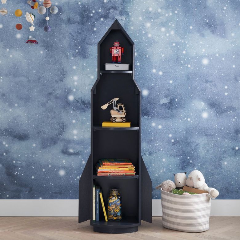 black spaceship-shaped bookshelf