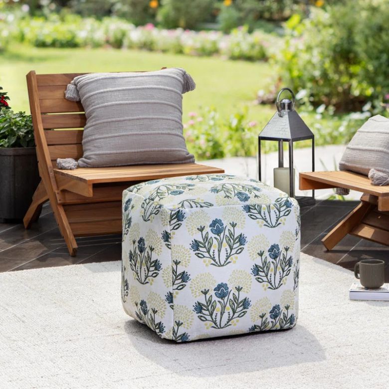 blue and yellow jacquard-woven outdoor pouf