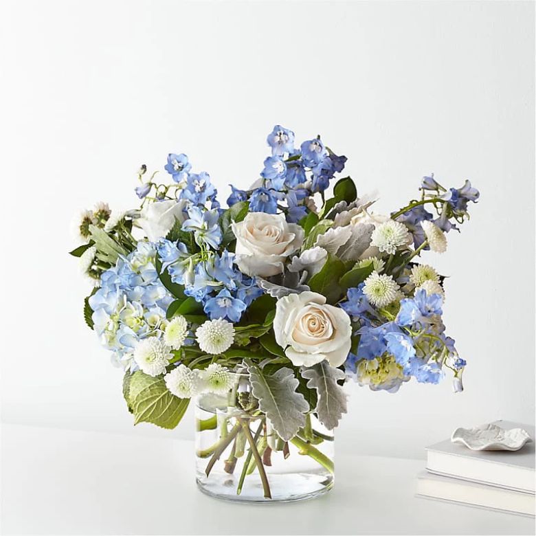 bouquet of hydrangea blooms and belladonna delphinium