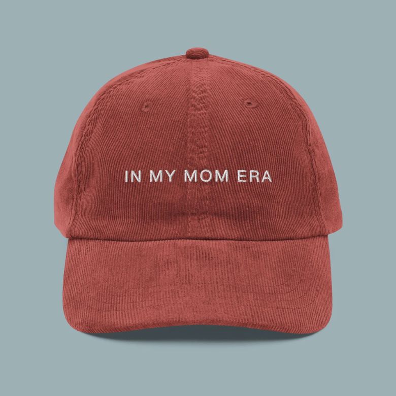 red corduroy baseball hat with "in my mom era" embroidered