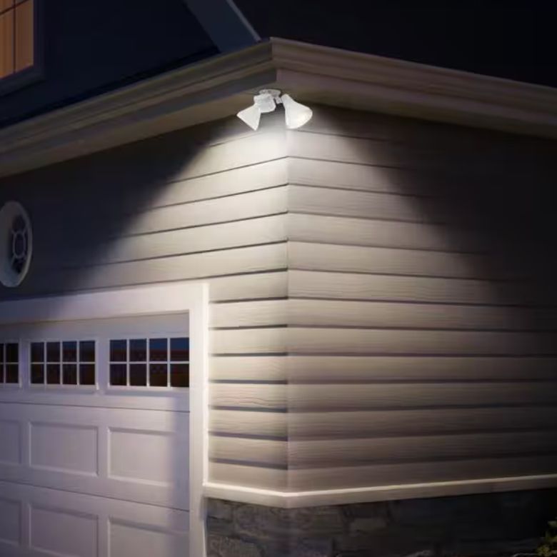 2-Head White Motion Sensing Outdoor Security Light on Corner of House