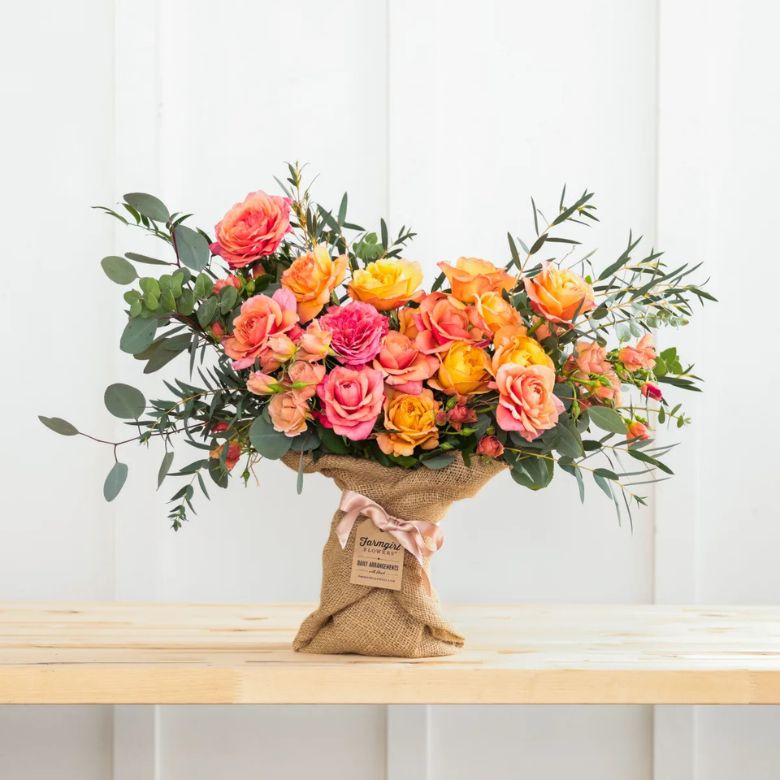 bouquet of a dozen and a half California grown garden roses, eight California grown garden spray spray roses