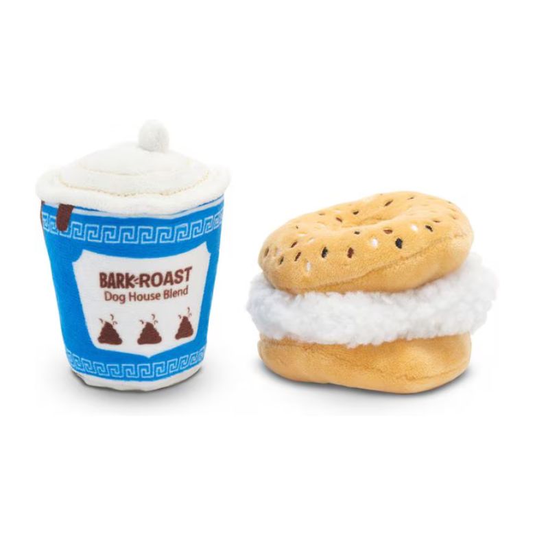 coffee and bagel plush dog toys
