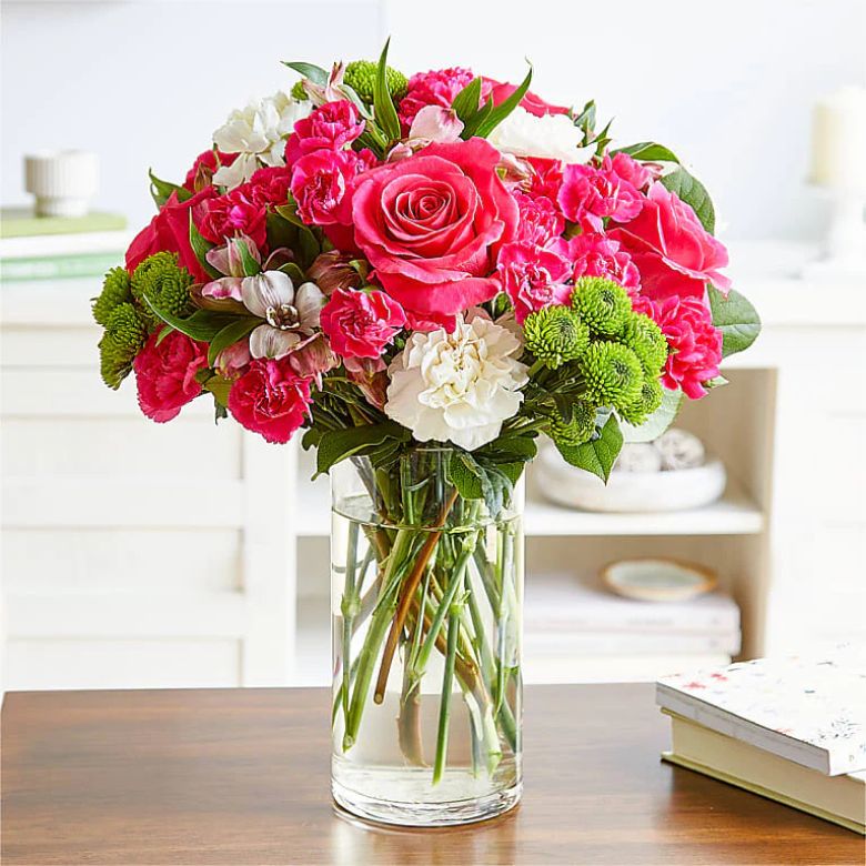 bouquet of hot pink roses, pale pink alstroemeria