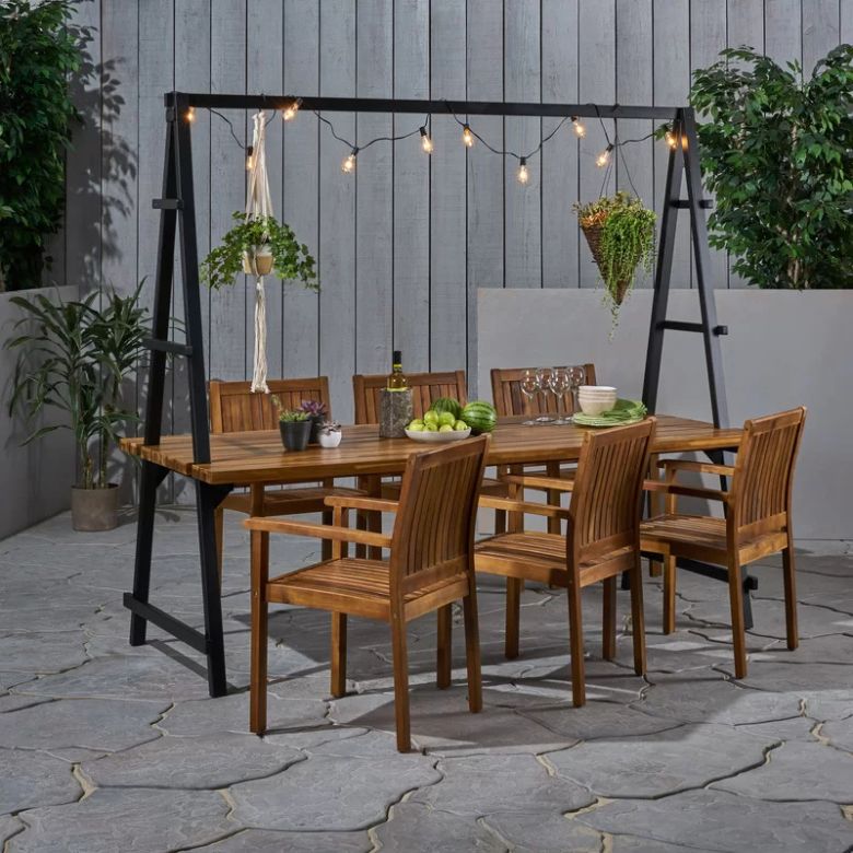 acacia wooden rectangular outdoor dining table and chairs with metal canopy A-frame
