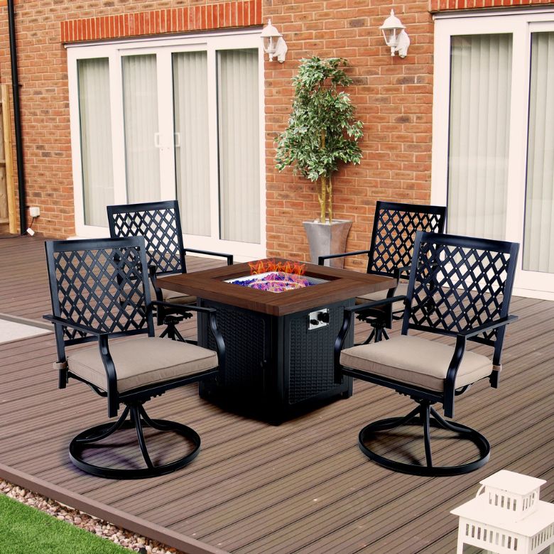 outdoor propane gas square fire pit and 4 swivel lattice chairs