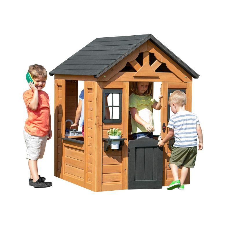 Cedar Wooden Kids Playhouse Cottage with Play Kitchen