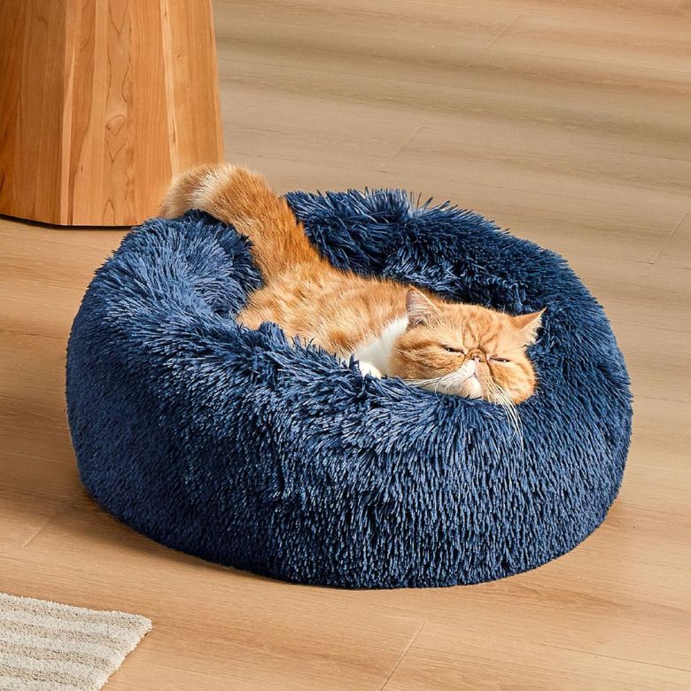 Navy Anti-Slip Round Fluffy Plush Faux Fur Pet Bed