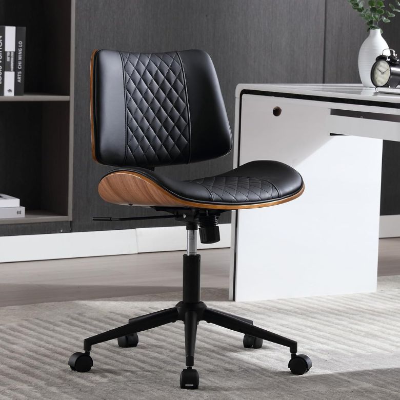 Black Quilted Armless Office Chair with Wheels