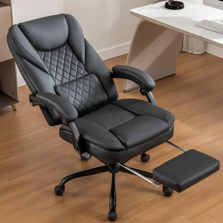 Black Leather Reclining Office Chair with Foot Rest