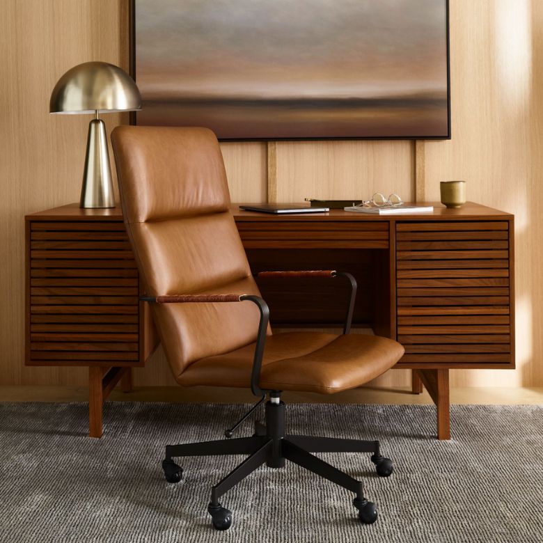 Mid-Century High-Back Leather Swivel Office Chair