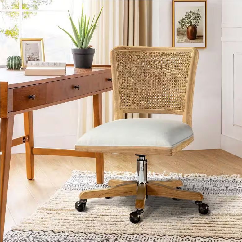 Linen Swivel Task Chair with Rattan Back